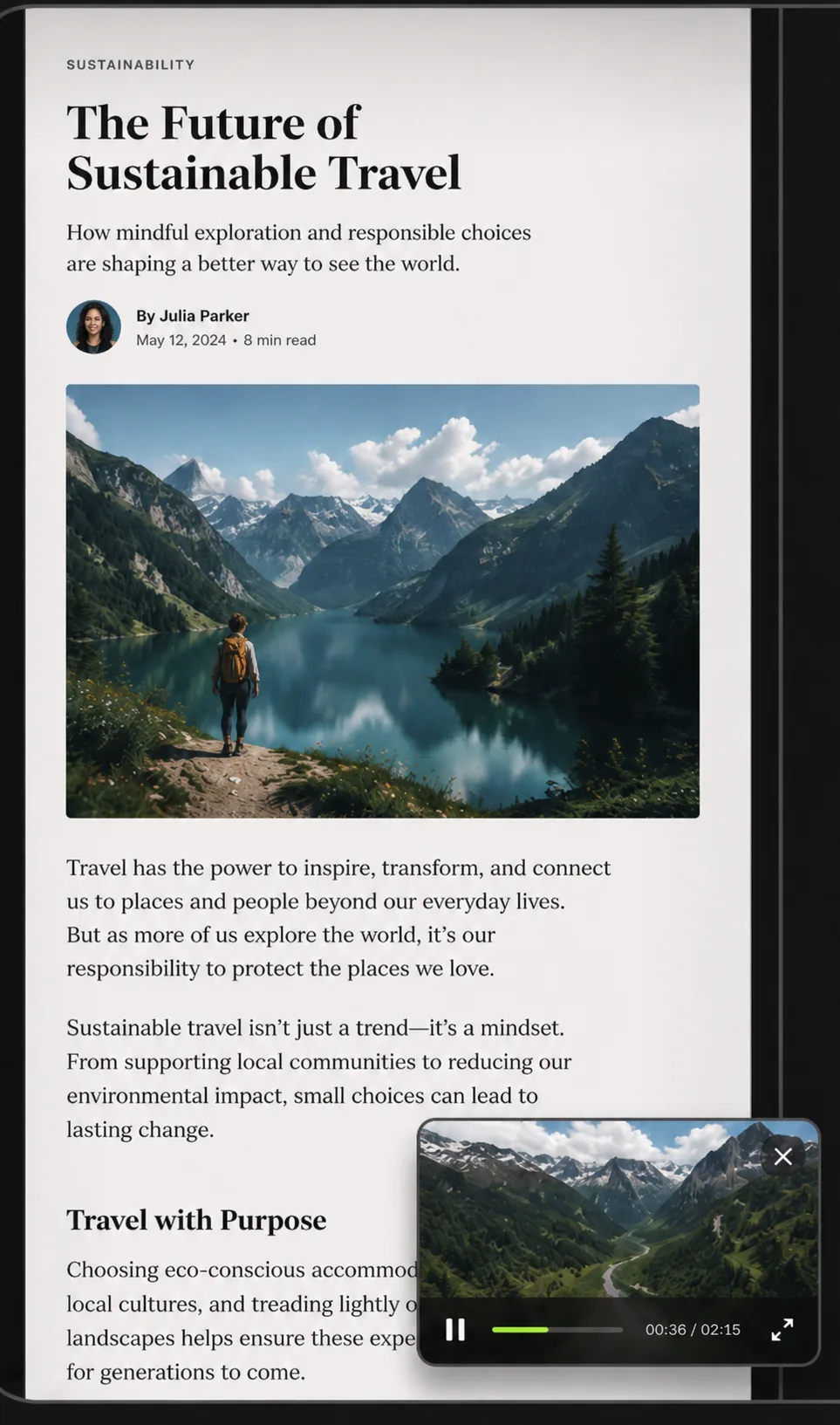 Floating Video placement over a sustainable travel article